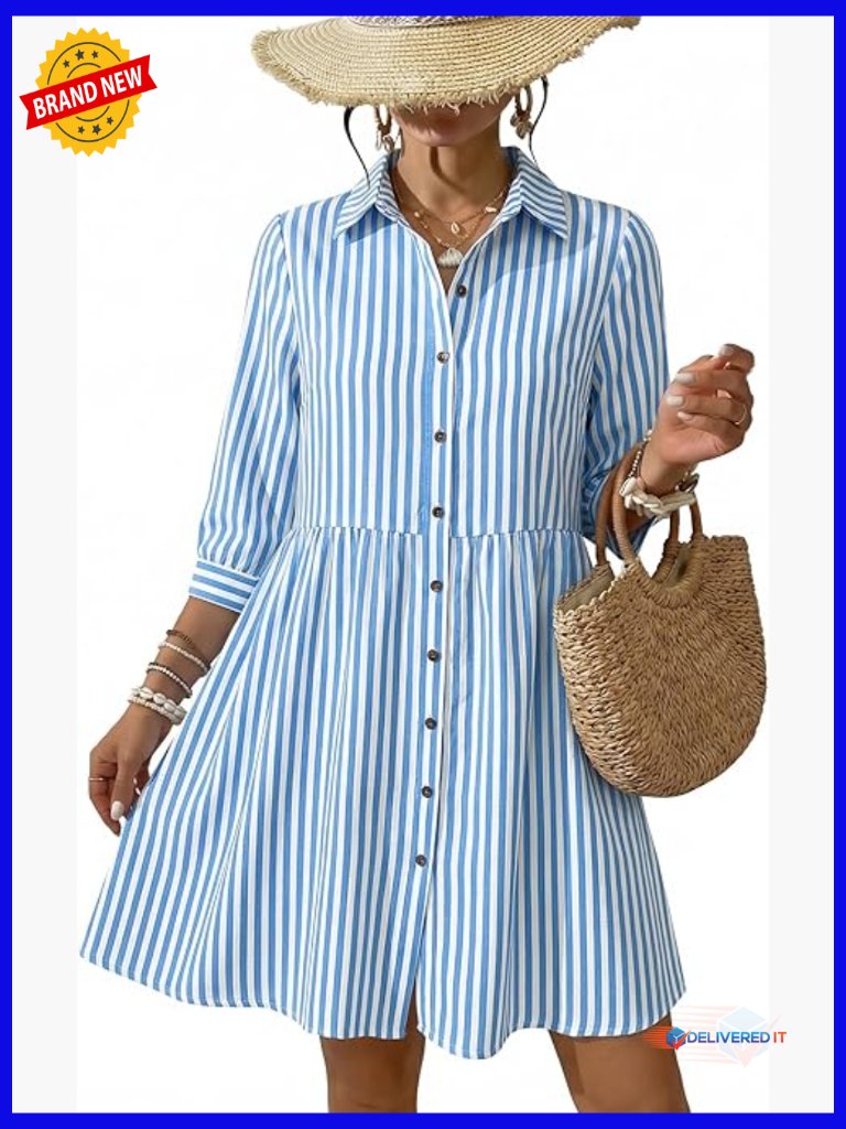 3/4 Sleeve Button Down Babydoll Mini Dress With Pockets